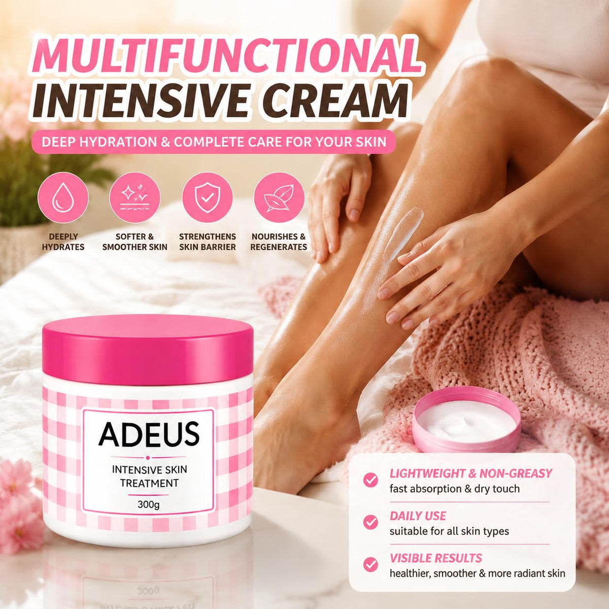 ADEUS Crema Brasileña, Cream Rosada, Multifunctional Pink Intensive Cream, Deeply Moisturizing and Firming Creams with Centella Asiatica, Seaweed and Green Tea (1)