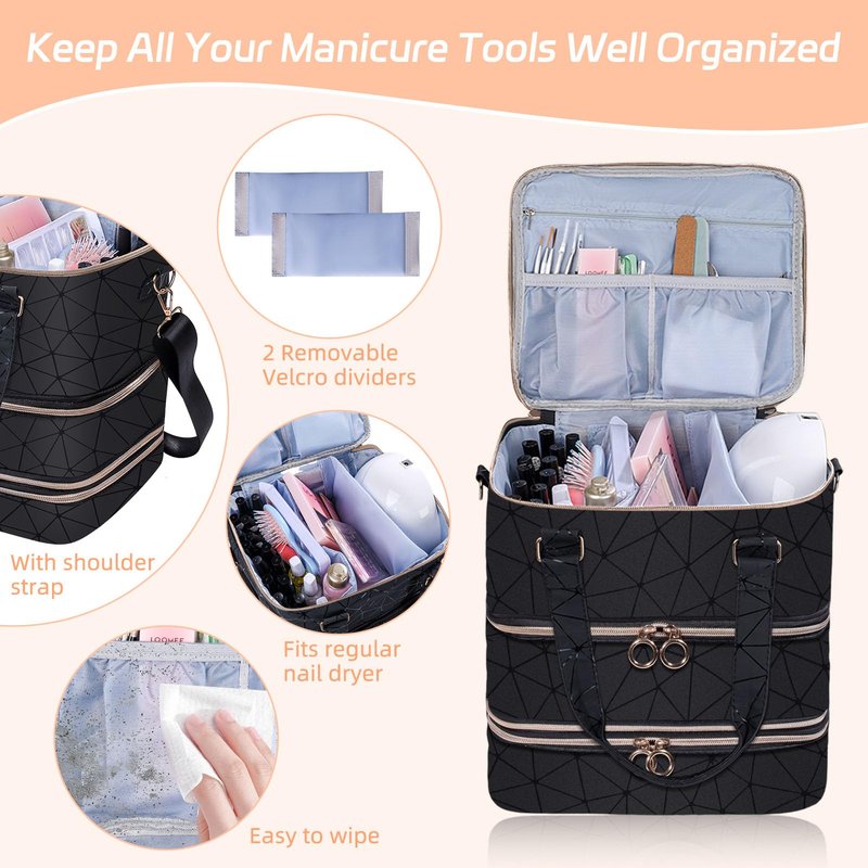 Nail Polish Organizer Case,3 Layer Nail Polish Organizer Bag Holds 84 Bottles (15ml/0.5 fl.oz) Nail Supplies Organizer,Nail Bag PU Leather Nail Carrying Nail Kit Supplies Organizer Case (Black)
