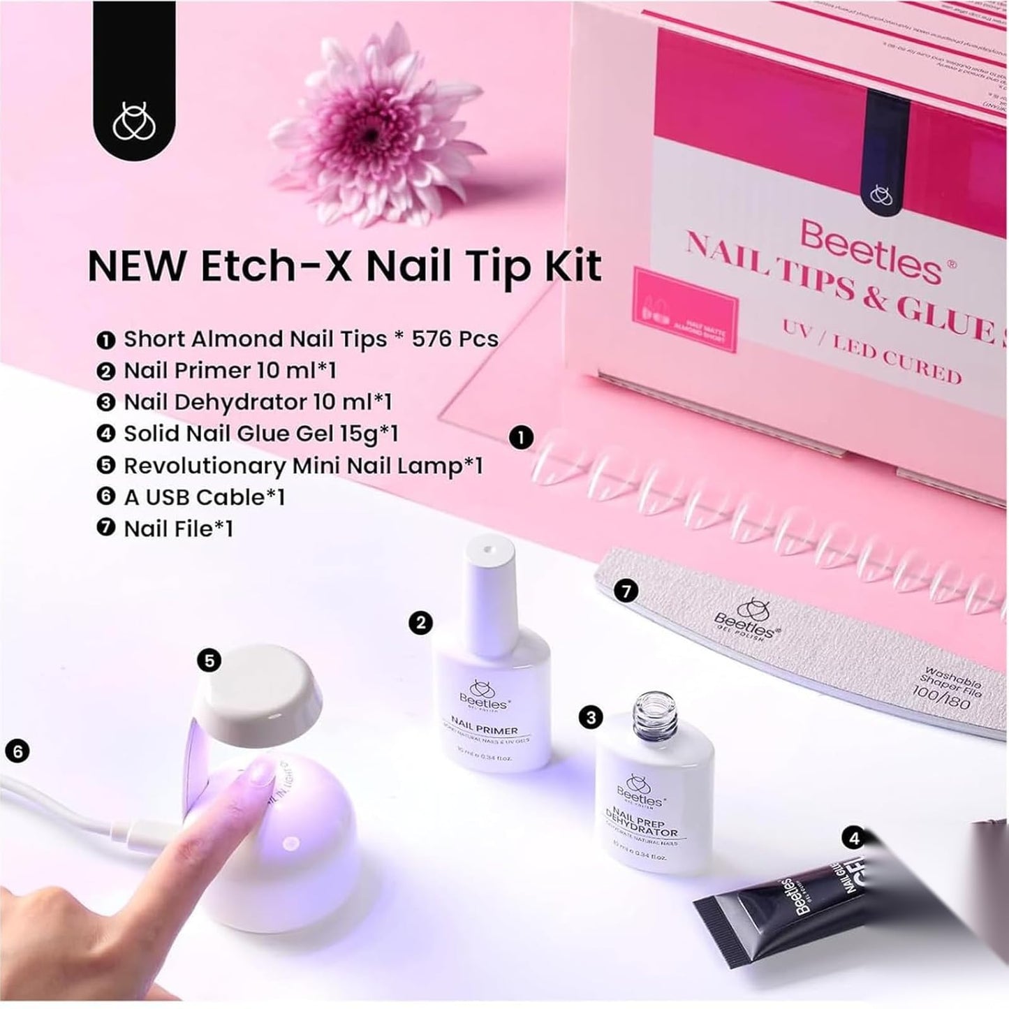 Beetles Etch-X Gel Nail Kit, Short Almond Acrylic Tips, 576 pcs, 12 Sizes
