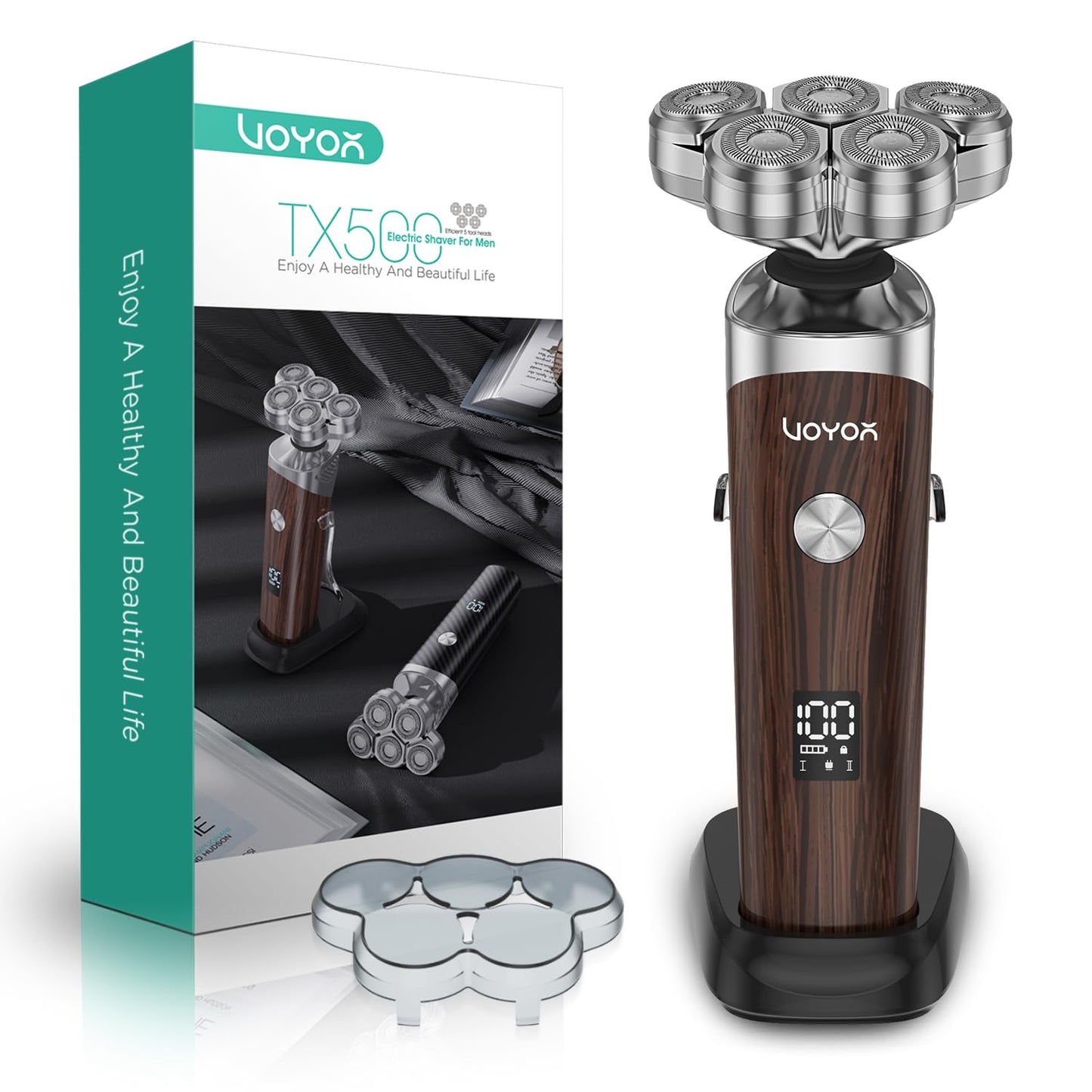VOYOR Electric Razor for Men - 5D Floating Shavers for Men Magnetic Electric Shaver Rechargeable Face Shaver LED Display Wet Dry Shaving IPX6 Waterproof Mens Rotary Razor TX500 (Woodgrain)