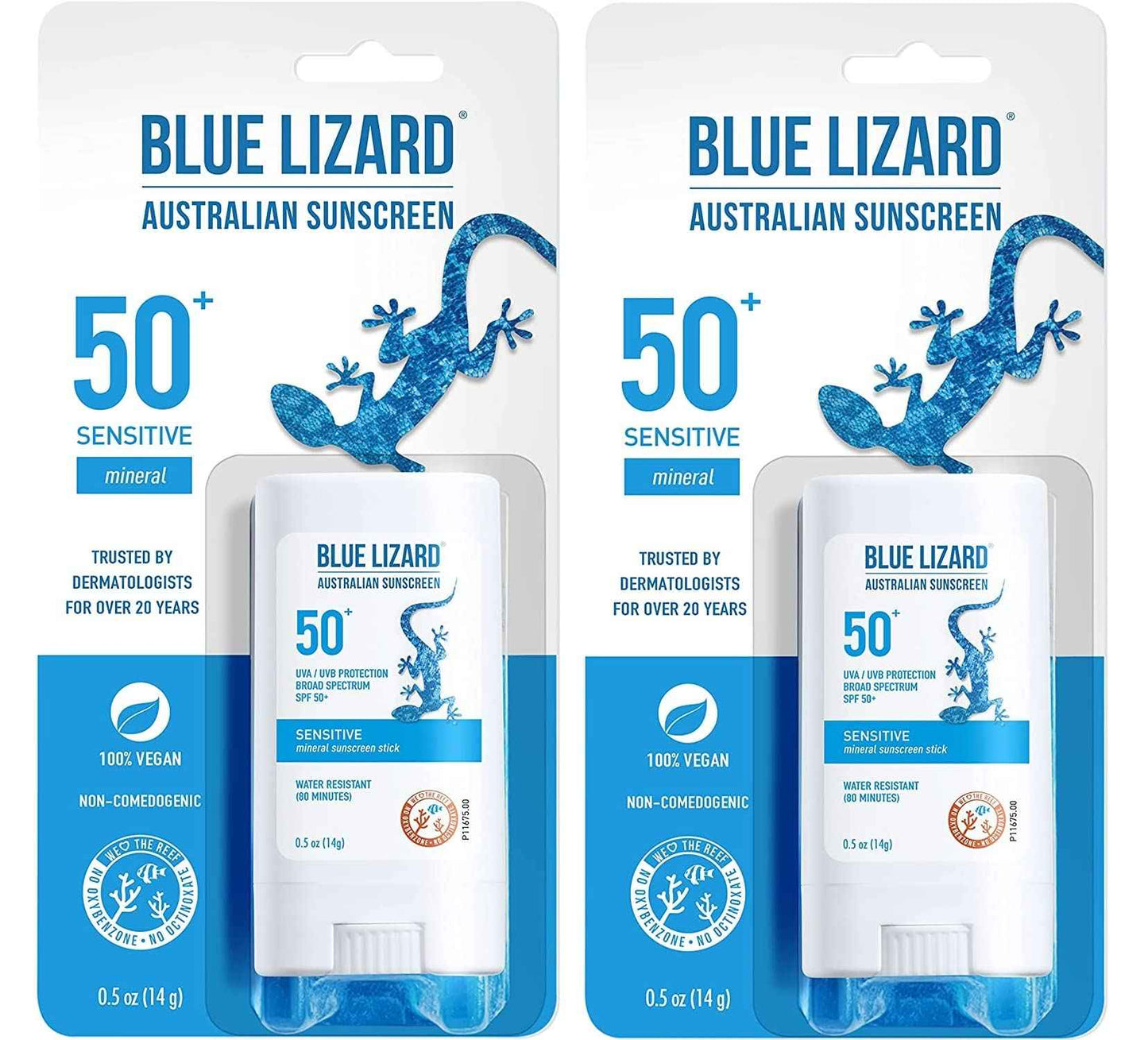 BLUE LIZARD Sensitive Mineral Sunscreen Stick with Zinc Oxide, SPF 50+, Water Resistant, UVA UVB Protection Easy to Apply, Fragrance Free, 0.5 Oz (Pack of 2)