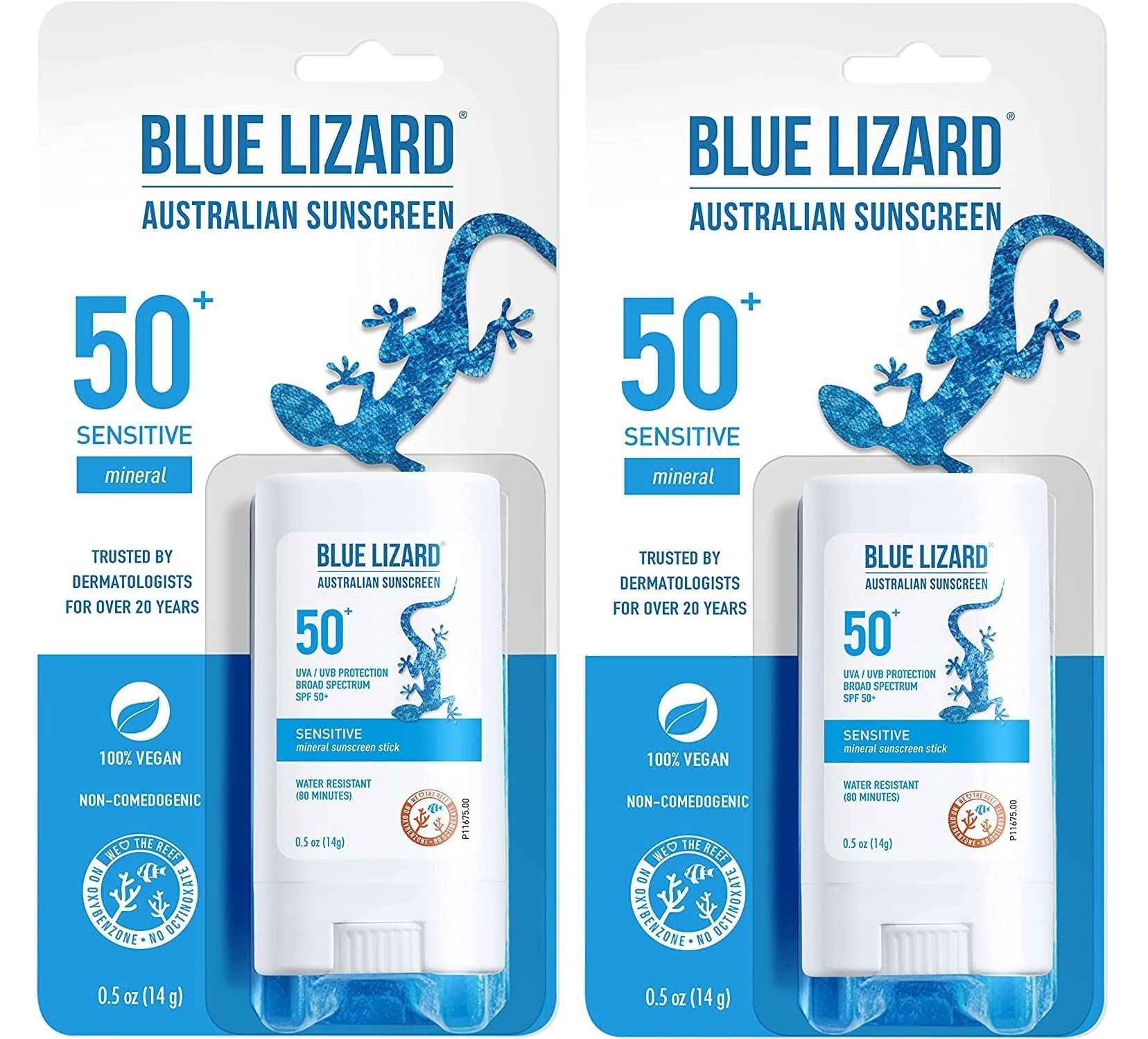 BLUE LIZARD Sensitive Mineral Sunscreen Stick with Zinc Oxide, SPF 50+, Water Resistant, UVA UVB Protection Easy to Apply, Fragrance Free, 0.5 Oz (Pack of 2)