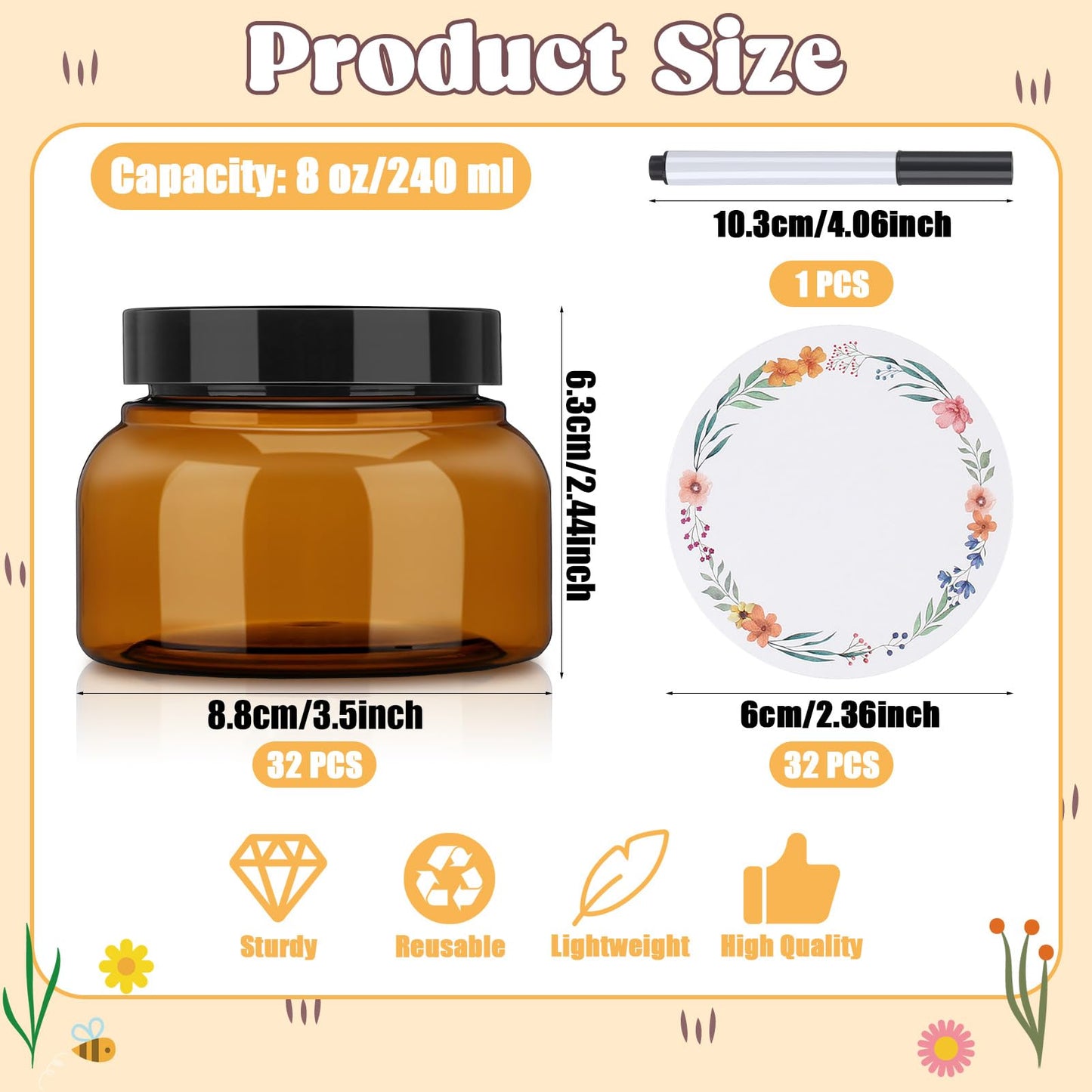 Hoemwarm 32 Pack 8 oz Plastic Sugar Scrub Containers with Lids, Body Butter Jars Amber Empty Refillable Round Cosmetic Containers for Creams,Lotions,Candy,Bath Salt,Gel