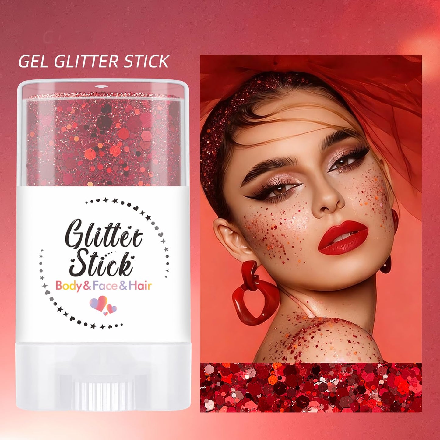 Body Glitter Stick for Face, Body & Hair - Red & Gold Chunky Sparkle Glitter, 2 Pack | Long Lasting Party Makeup for Festival, Rave, Concert & Cosplay