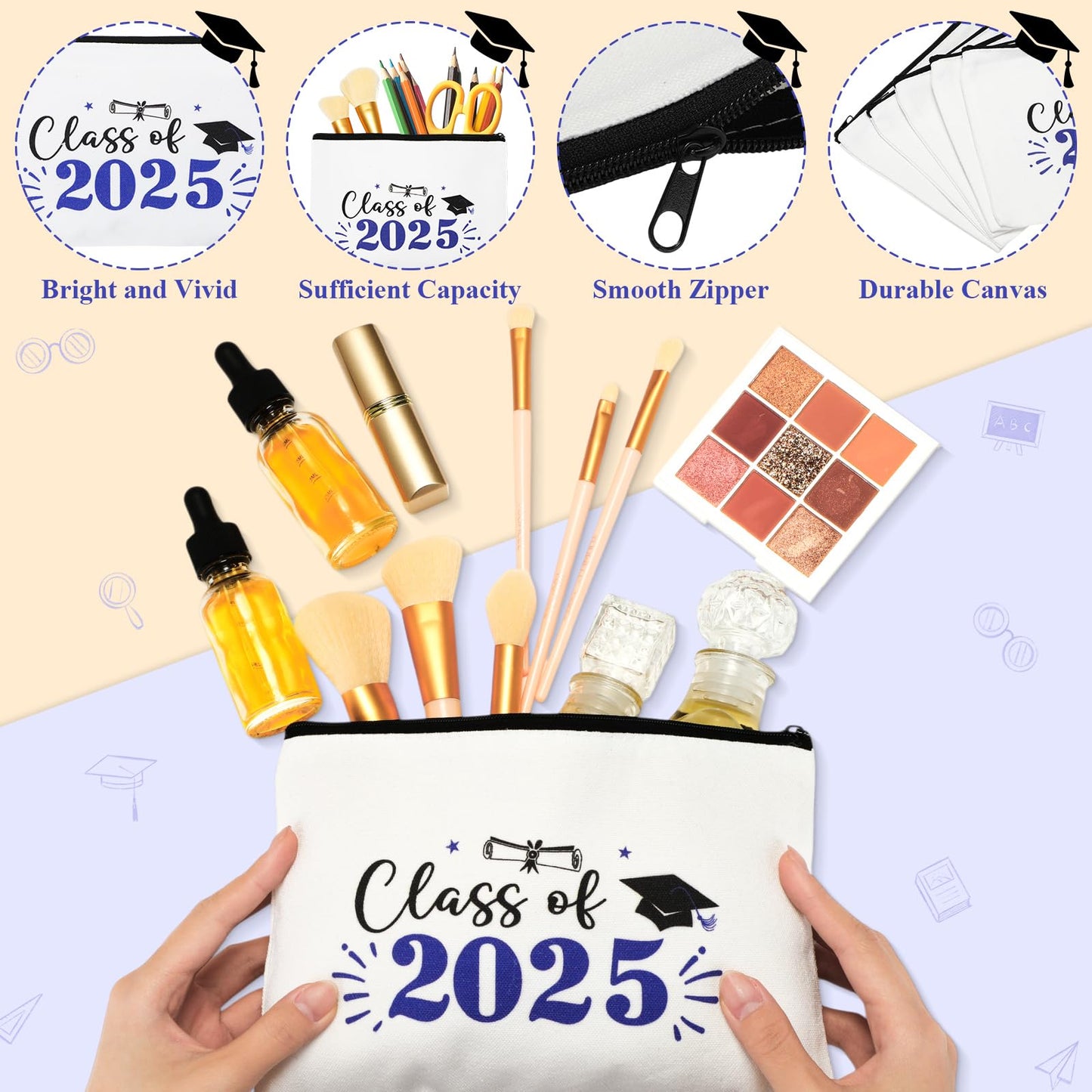 Meanplan 20 Pcs Graduation Gift Bulk Class of 2025, Canvas Makeup Bag Graduation Party Favors Inspirational Cosmetic Pouch Thank You for Guest Her Women Teacher Student Christmas(Blue)