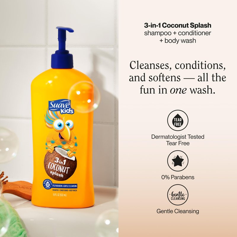 Suave Kids 3-in-1 Tear Free, Body Wash, Shampoo and Conditioners, Dermatologist Tested, Coconut Splash, 18 Oz Pack of 6