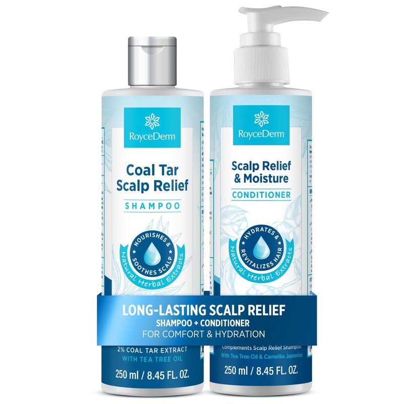 Roycederm Coal Tar Antidandruff Shampoo & Conditioner Set: 2% Coal Tar Extract Scalp Relief Shampoo for Psoriasis, Dandruff & Seborrheic Dermatitis - Soothes Itchy Scalp, Hydrates Hair