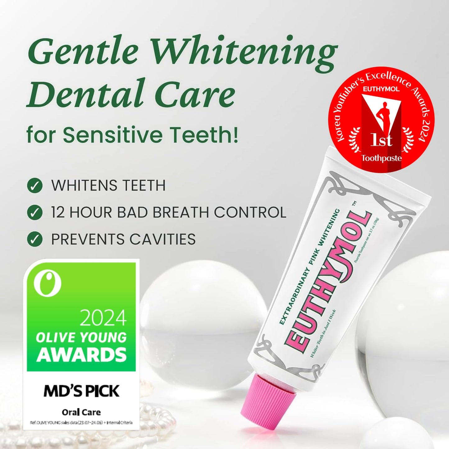 EUTHYMOL Whitening Toothpaste Gift Set (3.7fl oz*2, Sqeezer Set) - Stain Removal in 2 Weeks, Long-Lasting Freshness for Sensitive Gum & Teeth. Bad Breath, Cavity Prevention