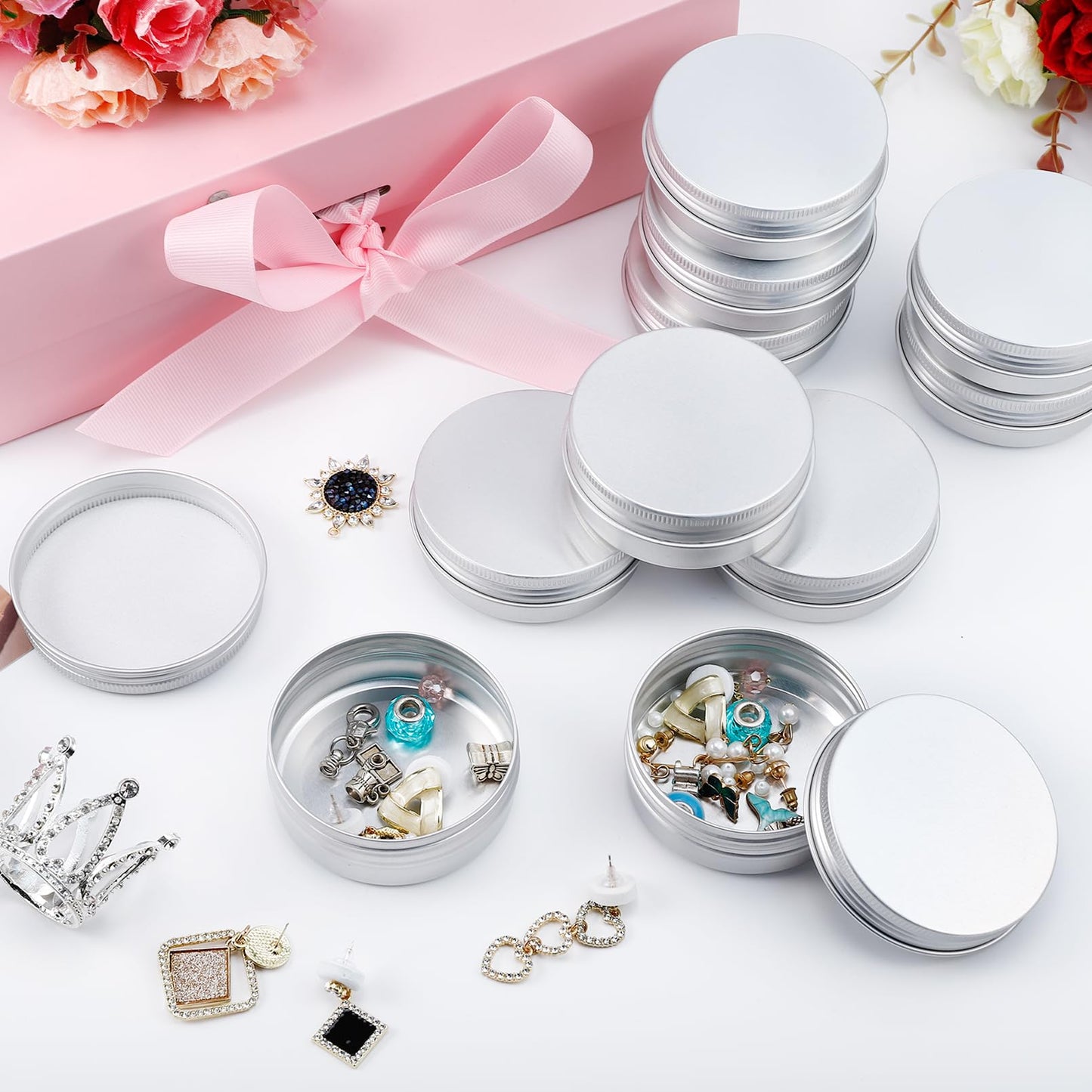 Bgtecho 60 Pack Aluminum Tin Cans, 2oz Metal Tins with Screw Lid, Aluminum Tin Jars, Round Tin Containers, Empty Metal Storage Tins, Small Tins for Lip Balm Cosmetic Lotion Bars Salve Spices Candles