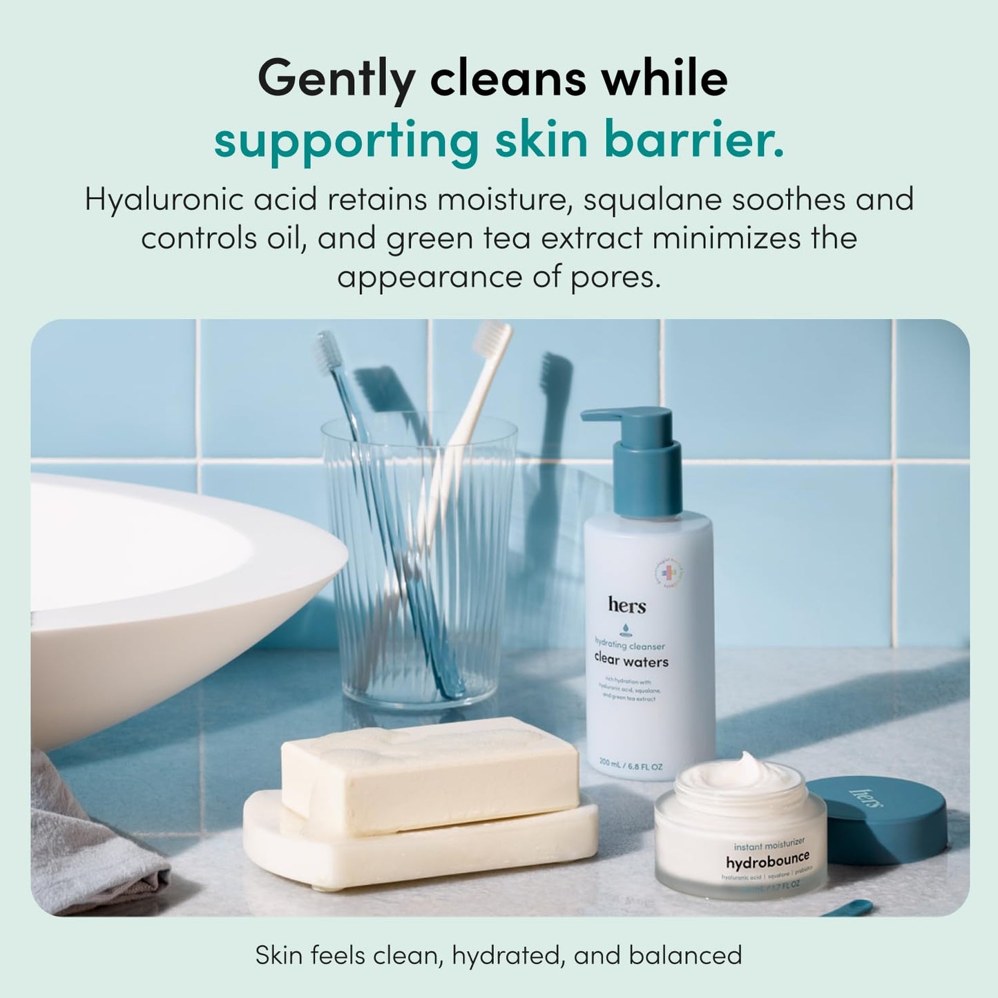 hers Clear Waters Facial Cleanser - Hyaluronic Acid, Squalane, & Green Tea Extract - Hydrating Face Wash for All Skin Types - pH Balanced & Paraben-Free - 6.8 Fl Oz