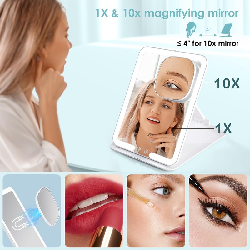 7.8" x 6.1" Rechargeable Travel Makeup Mirror with Lights and Small 10X Magnification, Foldable Stand with Adjustable Height & Angle, 3 Light Colors LED Lighted Vanity Mirror (White)