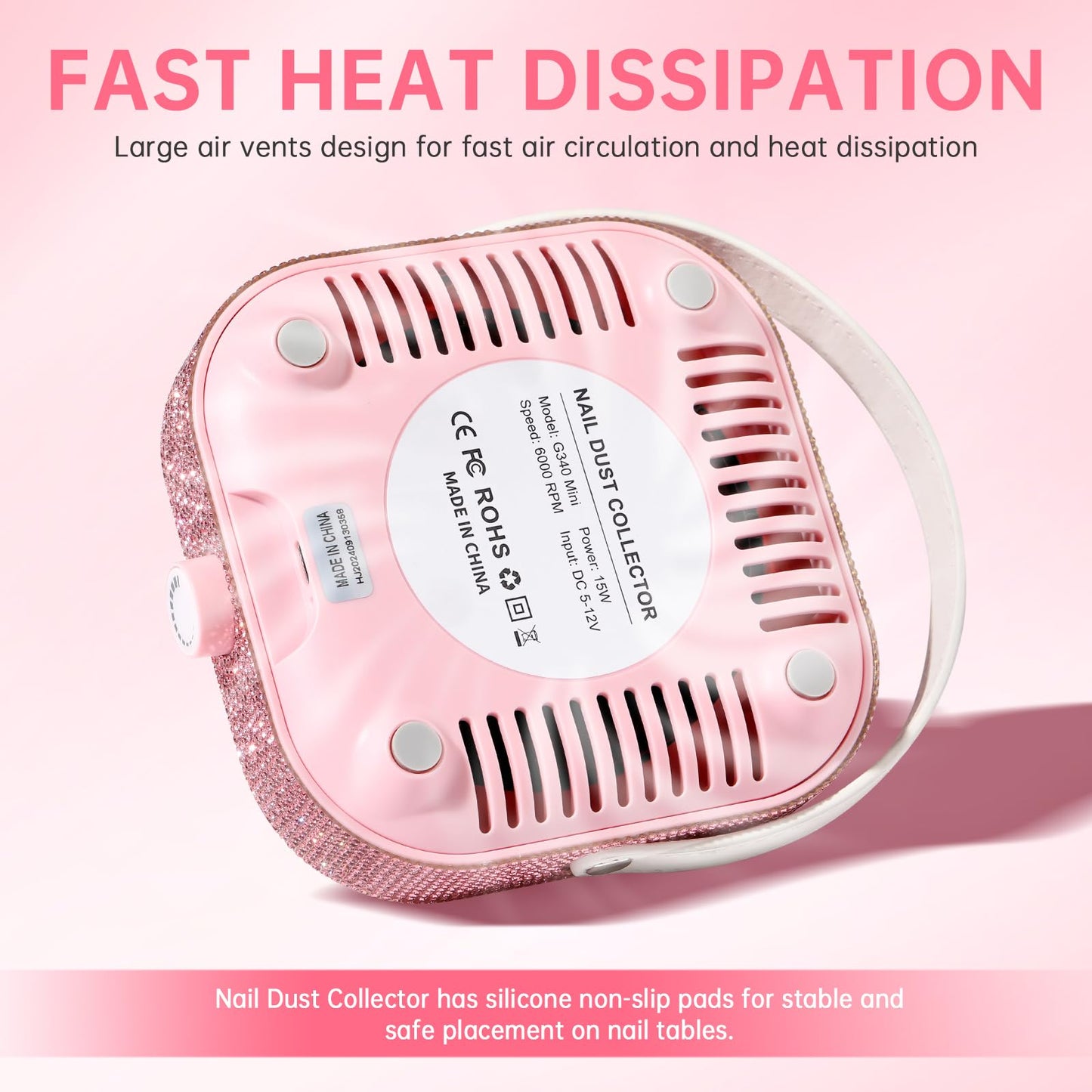 CHRISTINE SHELLY Nail Dust Collector, Bling Crystal Diamond Compact 6000RPM Powerful Vacuum Fan Vent Dust Collector Extractor Dust Suction Machine for Acrylic Nails Polishing, Fast Charging