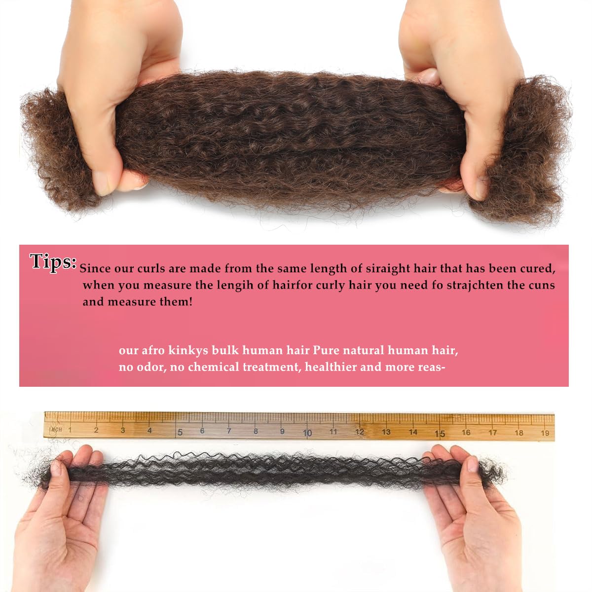 Afro Kinkys Bulk Human Hair 100g 10 Inch Chocolate Brown Afro Kinky Curly Human Hair Bulk for Dreadlock Extensions, Micro Locs, Braiding Twists, Braids and Repair Locs 4#