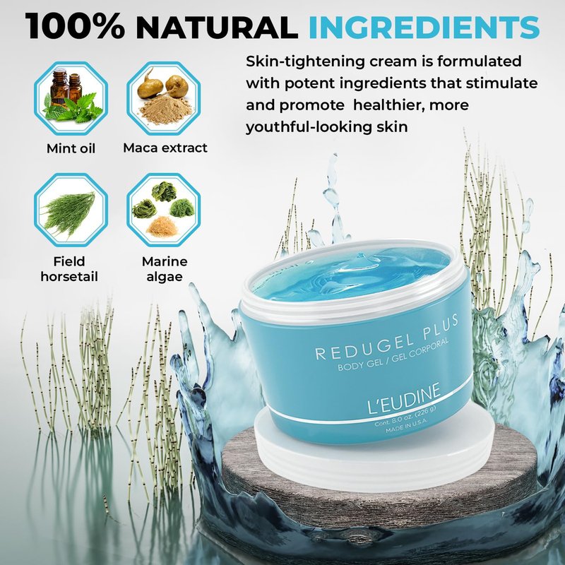 L’EUDINE Redugel Plus Skin Tightening Cream for Body – Belly Firming Cream with Mint Oil, Field Horsetail, Marine Algae & Maca Extract - Skin Firming and Tightening Lotion, 8 Oz
