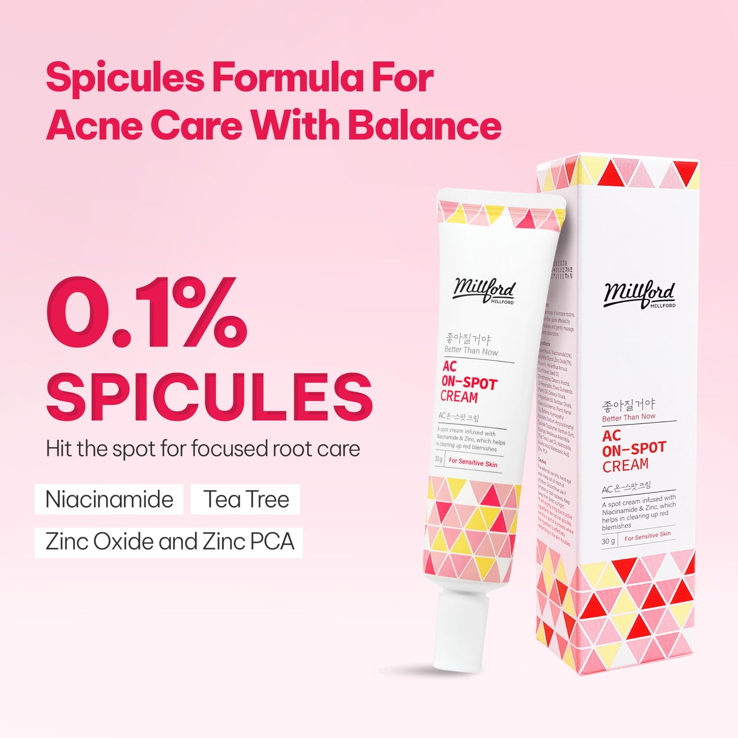 Millford AC On-Spot Cream 30g/1.05 Oz, Zinc Oxide 10%, Niacinamide 2% for Active Skin Repair, Acne Spot Treatment for Face, Blemish Care, Dark Spot, Korean Skincare for Sensitive & Acne-Prone Skin