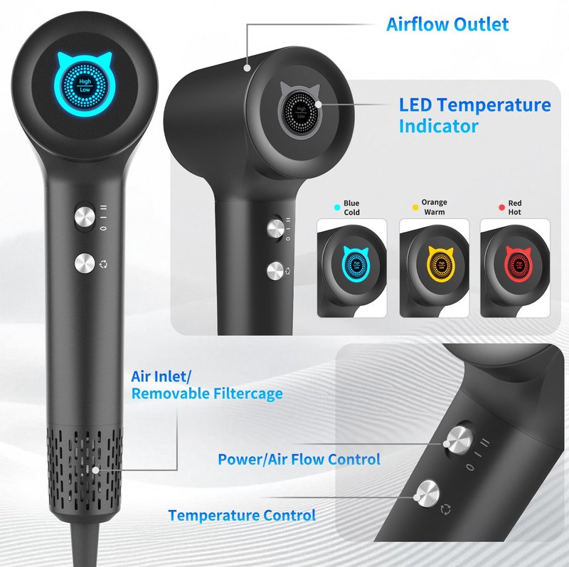 BQSS Hair Dryer,110000rpm Plasma Blow Dryer Positive Negative Ionic Hair Dryers for Women,Portable Travel Hair Dryer with LED Display Concentrator Nozzle,Hair Blow Dryer for Style at Home Travel