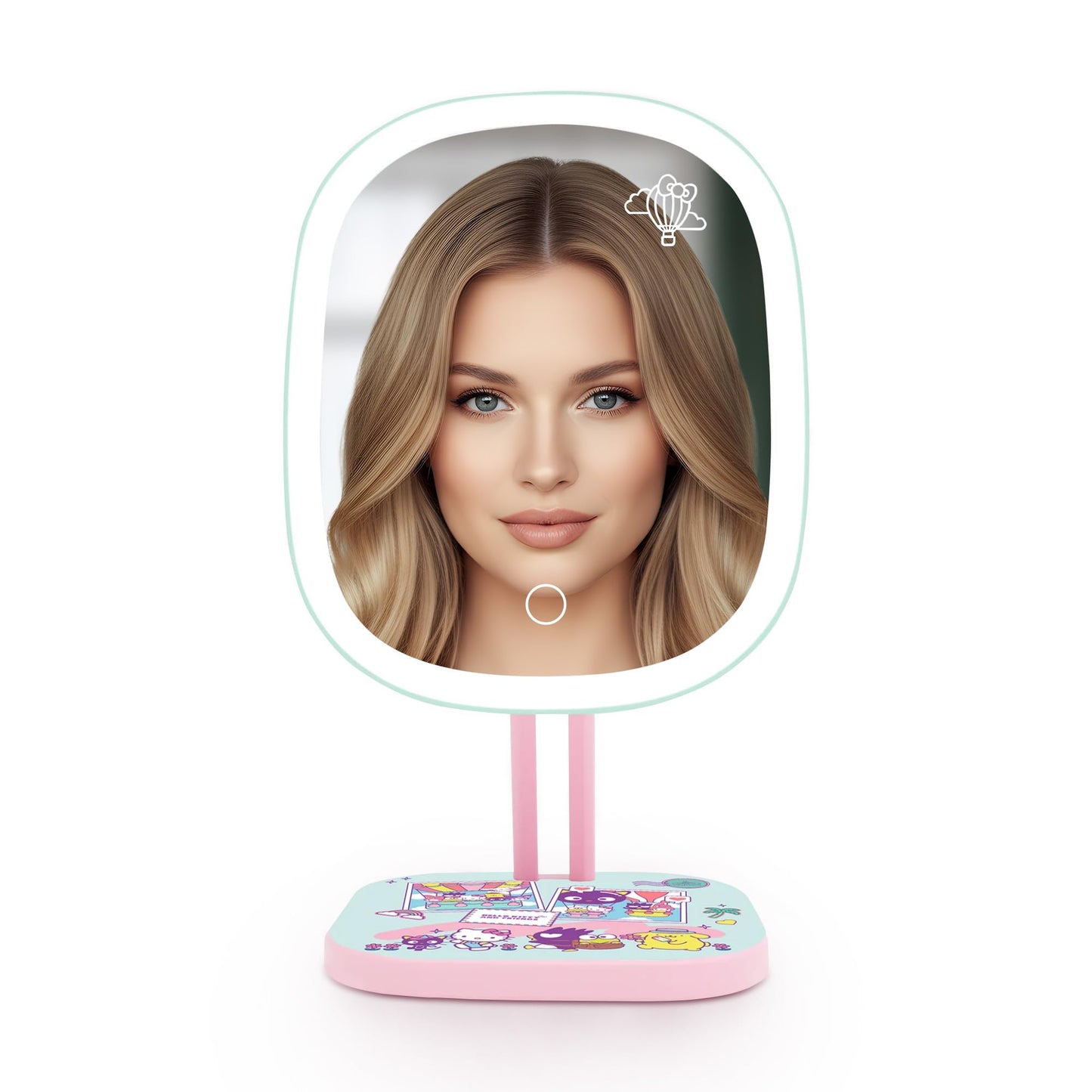 Impressions Vanity Hello Kitty and Friends Vacay Highlight LED Makeup Mirror with Artwork, Standing Mirror with White Strip LED Light and Adjustable Tilt, Portable Mirror with Soft Touch Sensor