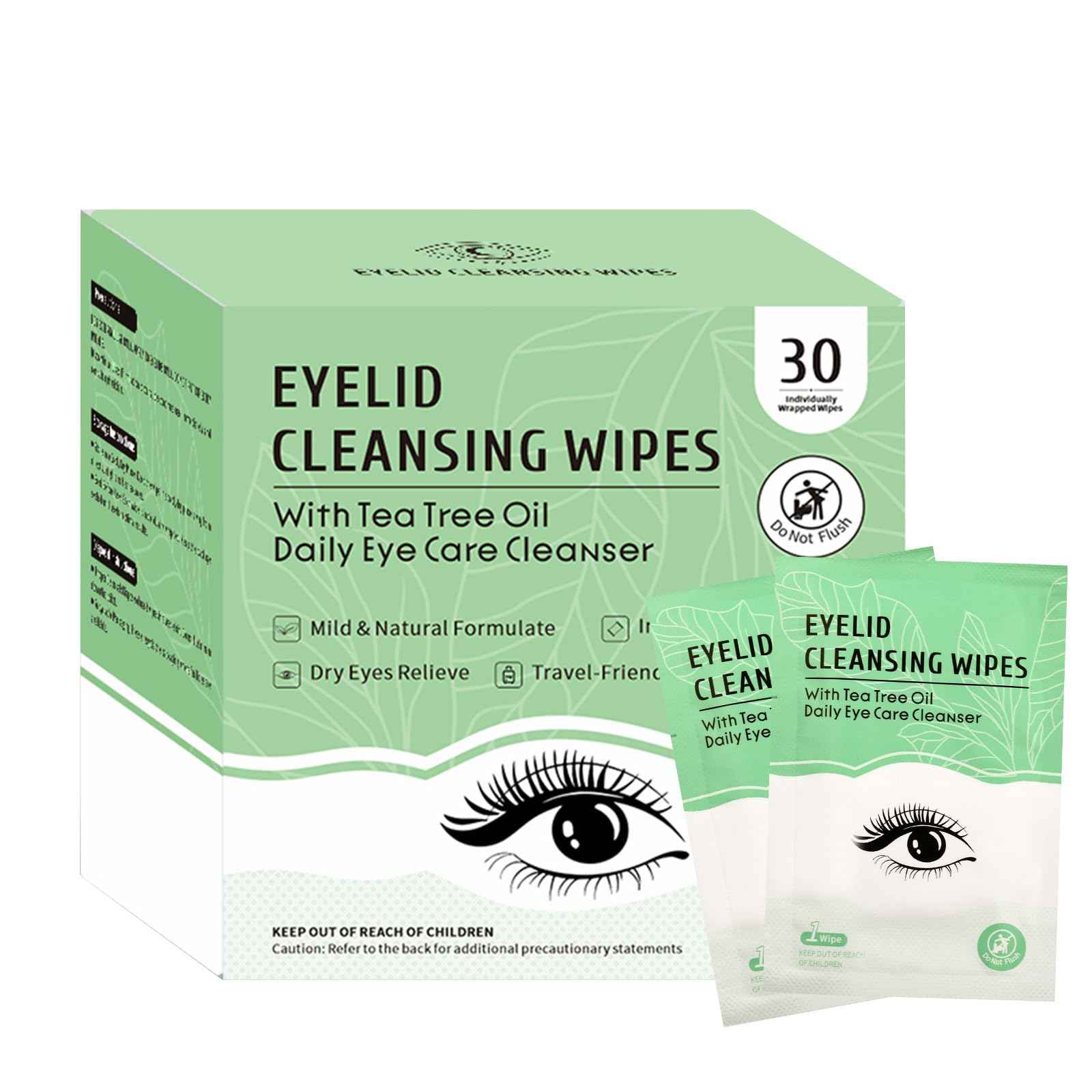 30 Count Eyelid Wipes, Gentle Eyelid Cleansing Wipes with Tea Tree Oil, Moisturizing Eye Wipes for People with Dry Eyes, Itchy, Styes & Blepharitis, Eyelid & Lash Wipes Individually Wrapped for Travel