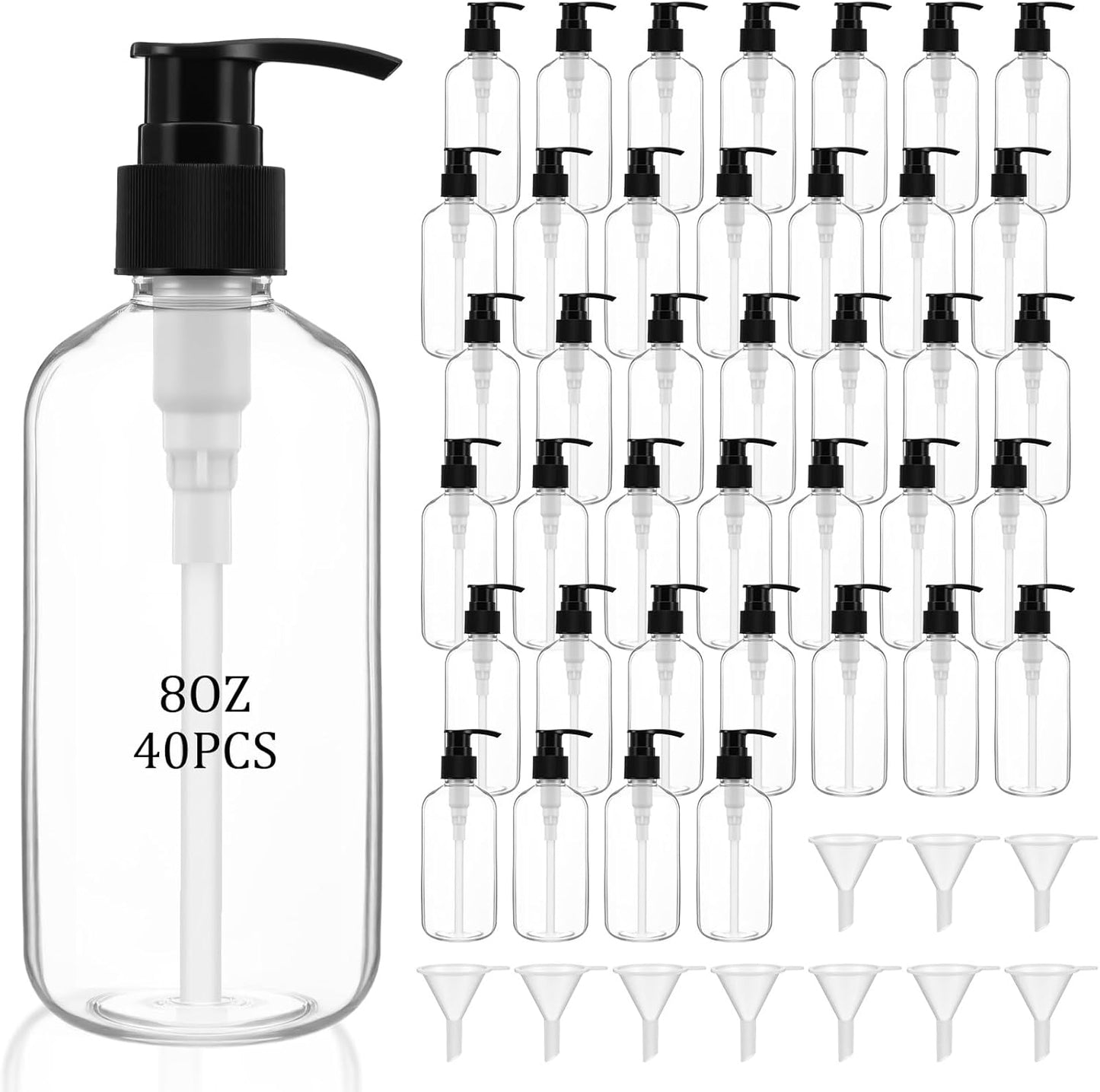 Clear Plastic Pump Bottles - 40 Pcs Refillable 8 oz Lotion Dispenser Set with Black Pumps & Funnels | Ideal for Shampoo, Body Wash, Cream & Liquid Soap