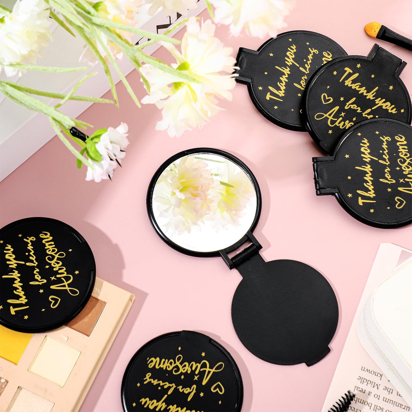Huwena 100 Pcs Inspirational Compact Mirror Bulk Mini Gifts Women Round Purse Pocket Mirror, Mothers Day Employee Appreciation Gifts, Wedding Party Favors for Guests(Black,Thank)