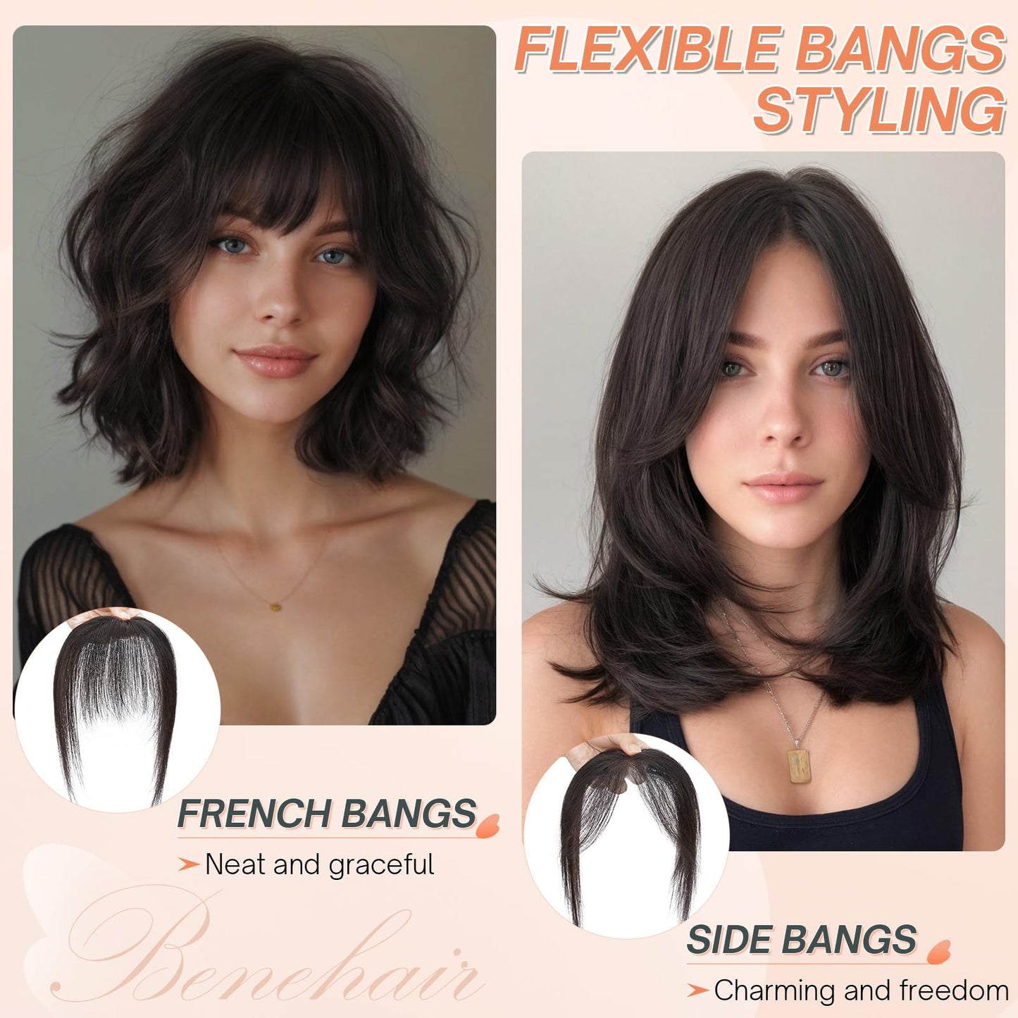 Benehair Clip on Bangs for Women Human Hair, Fake Bangs Clip Human hair, Middle Part Clip in Hair Extensions Hair Pieces with Temples for Daily Wear (Dark Brown)