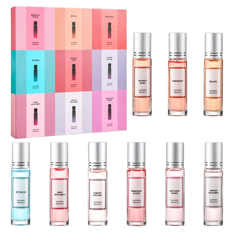 Pheromone Perfume Sets for Women - 9PC Long-Lasting Roll-On Gift Set | Citrus, Amber, Musk, Vanilla Scents, Travel Size