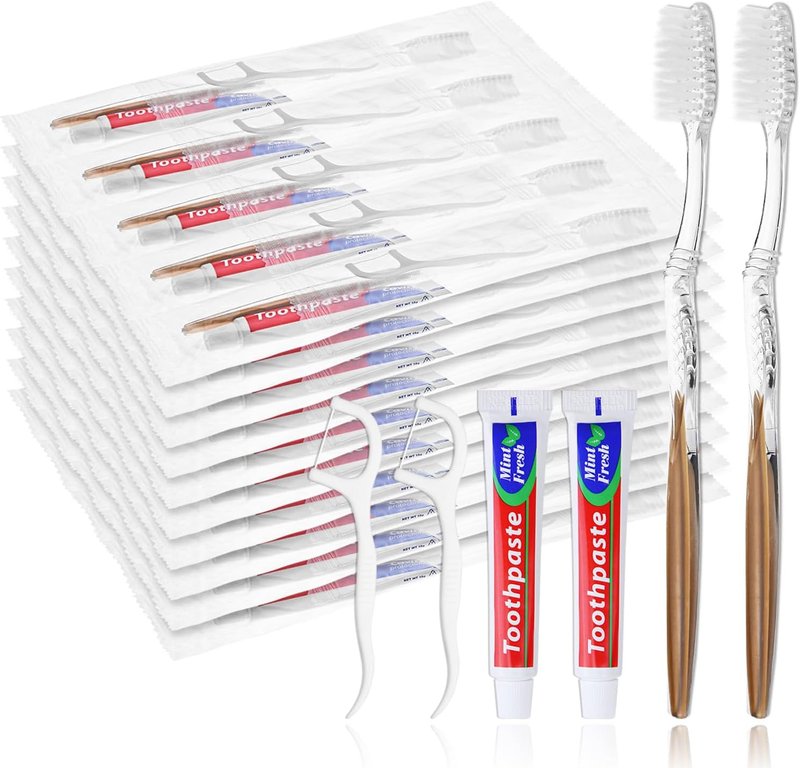 Disposable Toothbrushes with Toothpaste & Floss | 100-Pack Individually Wrapped Dental Kits for Travel & Hospitality