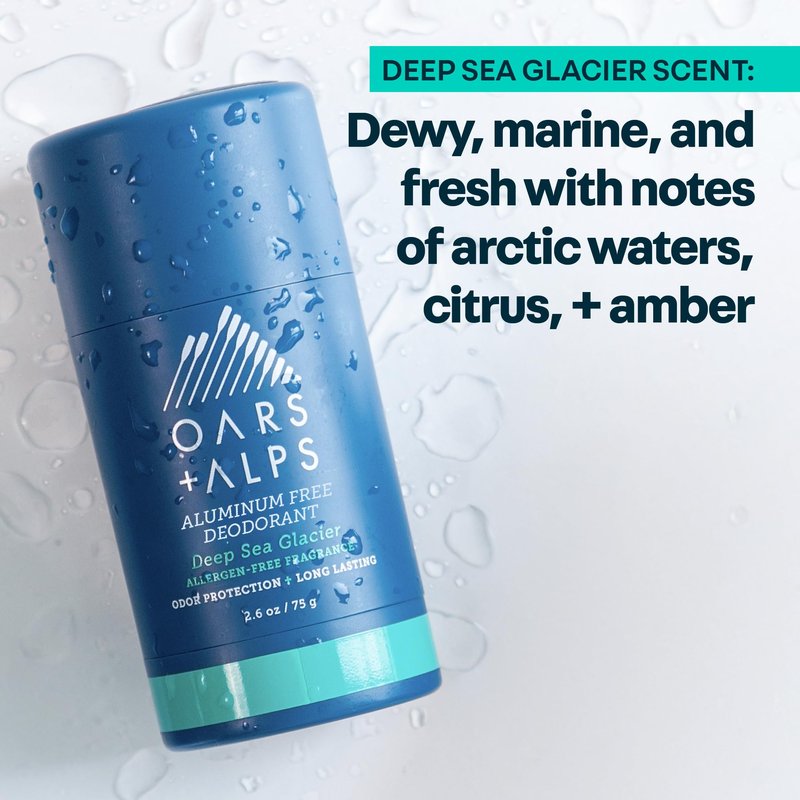Oars + Alps Aluminum Free Deodorant for Men | Long Lasting Odor Protection, Clear & Free of White Residue, Anti-Chafing Smooth Glide, Dermatologist Tested, Deep Sea Glacier, 2pk, 2.6oz