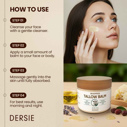 Dersie Whipped Tallow Cream: 100% Grass-Fed Beef Tallow Cream for Deep Hydration, Skin Barrier Repair, Soothing - Tallow Moisturizer for Face & Body for Women, Men & Kids (2.1 oz)