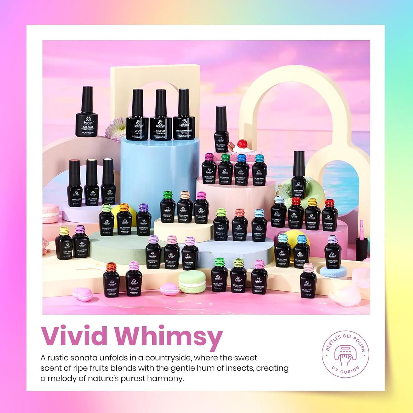 Beetles Summer Gel Polish Set - 36 Vibrant Neon & Pastel Colors | Base Coat, Glossy & Matte Top Coats
