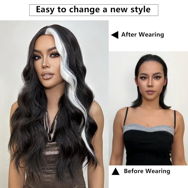 Long Wavy Black and White Wig - 26 Inch Middle Part Curly Synthetic Hair for Natural Look | Heat Resistant for Daily Wear