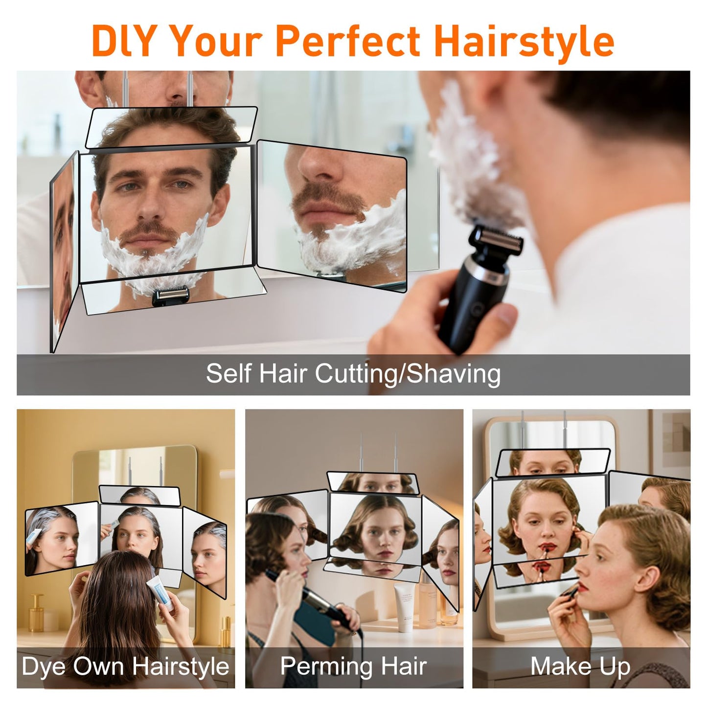 LMZNXCZ 5 Way Mirror for Self Hair Cutting, 360 Haircuts Mirror Men for Barber Use Tools, to See Back of Head, Tri Fold with Portable Height Adjustable Telescoping Hooks