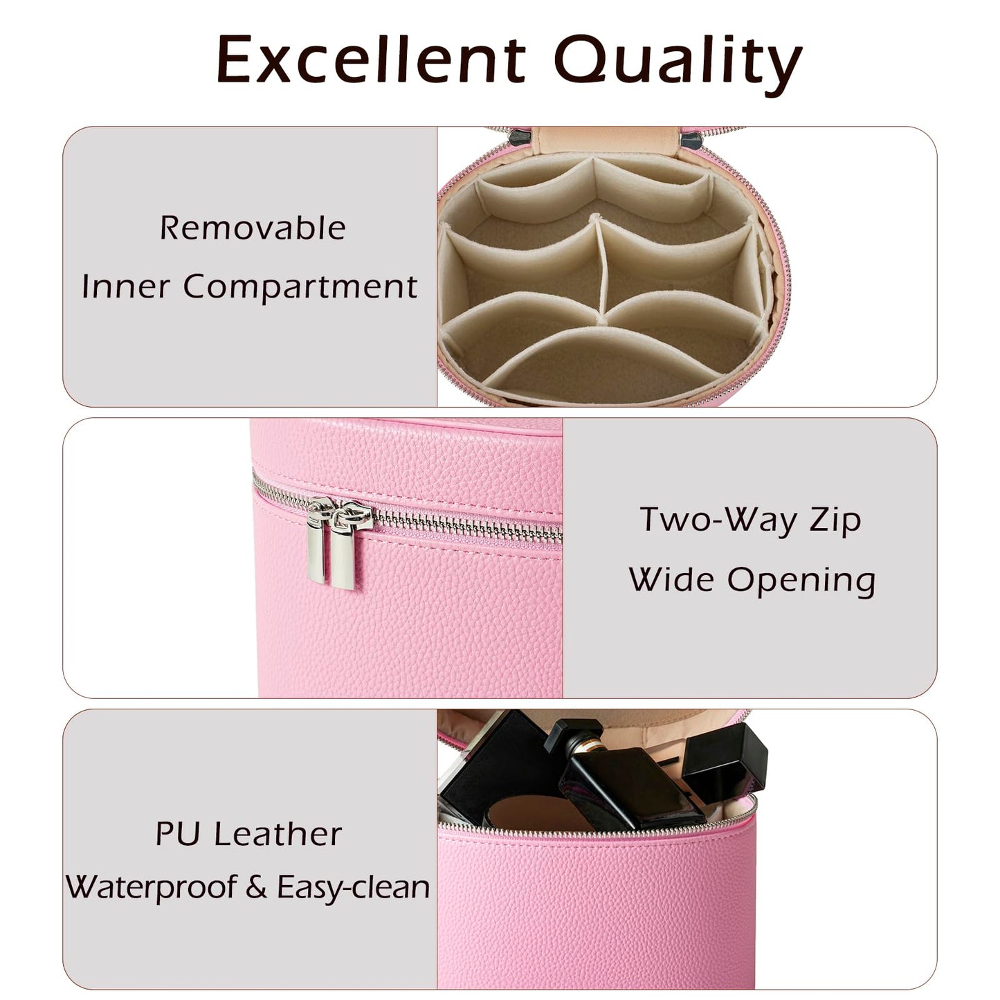 RSRSLEII Pink Aesthetic Makeup Bag, Travel Makeup Vanity Case with Divider and Handle, Waterproof PU Leather Cosmetic Organizer Bag, Portable Toiletry Bag for Women(02Pink)