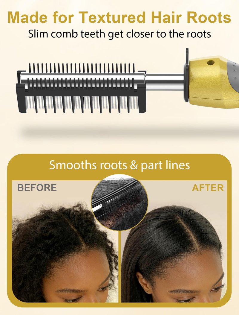 Titanium Electric Hot Comb for Wigs & Black Women Hair, Anti-Scald Straightening Comb with 18 Heat Settings 180°F–500°F for Fast Heating Straightening, Gold