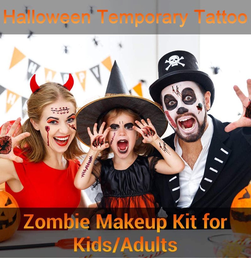 YUERWOVER 9 Sheet Body Face Temporary Tattoos Realistic Fake Wound Stitch Scar Scab Waterproof Horror Sticker Halloween Fool's Day Zombie Masquerade Prank Makeup Props for Kids Adult
