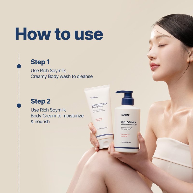 KUNDAL Soymilk Body Wash & Body Cream Set, Moisturizing Body Care with Ceramides, Hydrating Skincare Duo for Dry Skin, Mellow Vanilla Scent (16.9 fl oz + 6.76 fl oz)