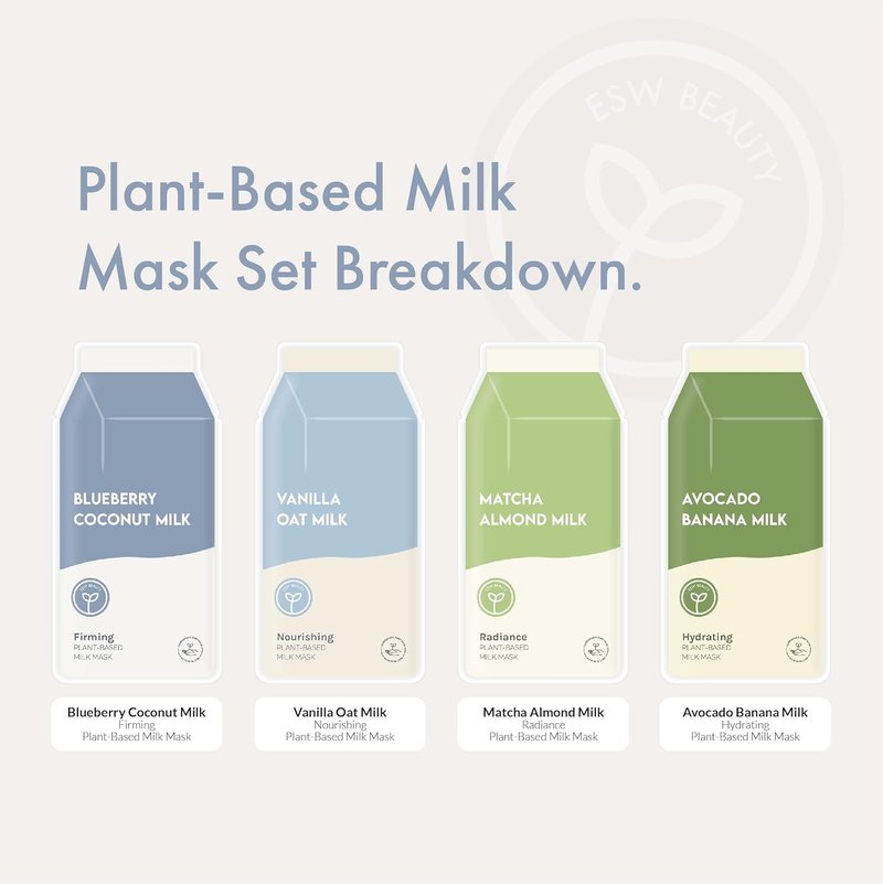 Plant-Based Milk Face Masks - 8-Pack Hydrating Skincare Set | Avocado, Matcha, Blueberry, Vanilla & Oat Extracts for All Skin Types