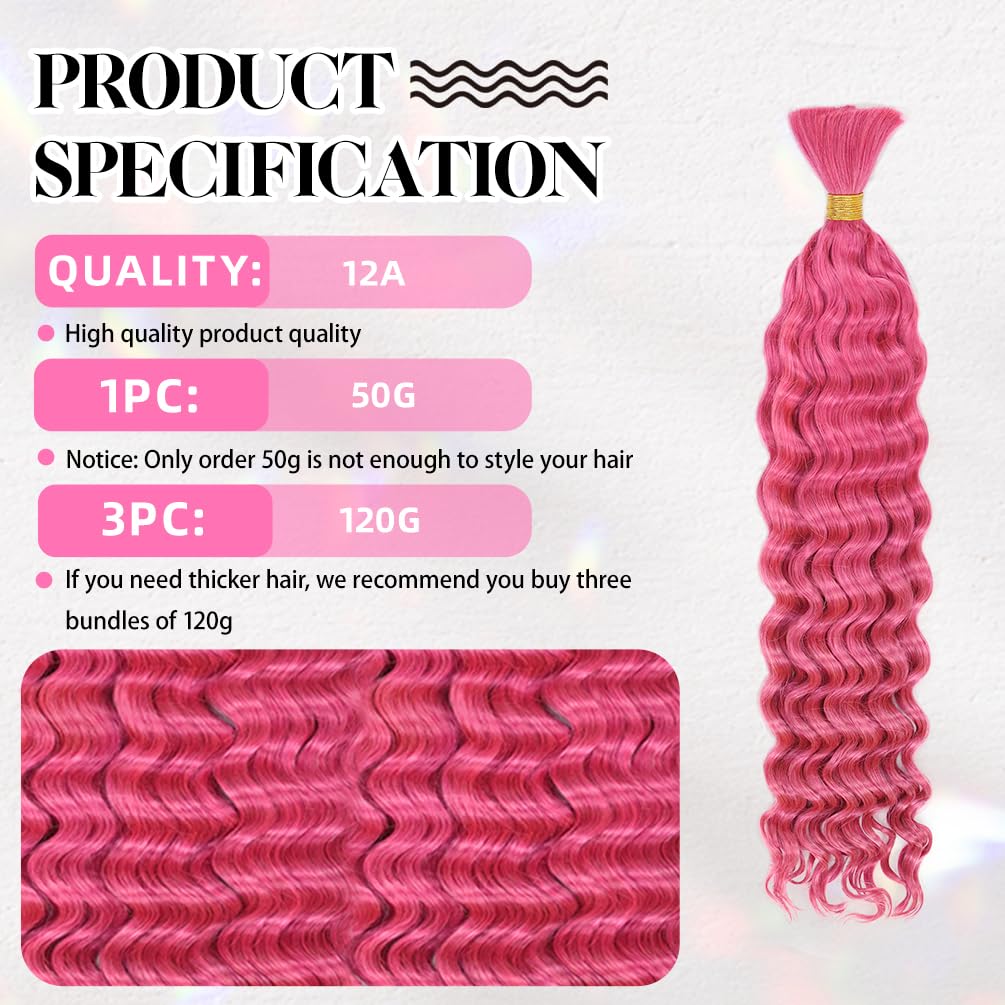 14 Inch Deep Wave Human Braiding Hair for Boho Braids – 50g 1 Bundles/Pack Pink 100% Unprocessed 12A Brazilian Virgin Human Hair Bulk, No Weft, Wet & Wavy Curly Extensions