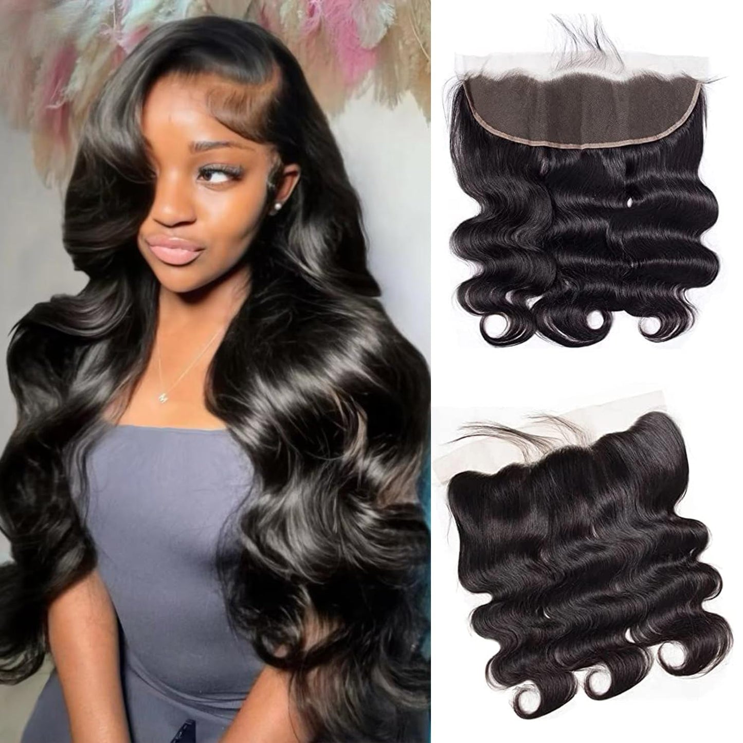 13x4 Lace Frontal Closure Body Wave Human Hair Ear to Ear HD Lace Frontal Closure Free Part Brazilian Body Wave Hair Extensions 150% Density Human Hair Pre Plucked with Baby Hair 16 Inch