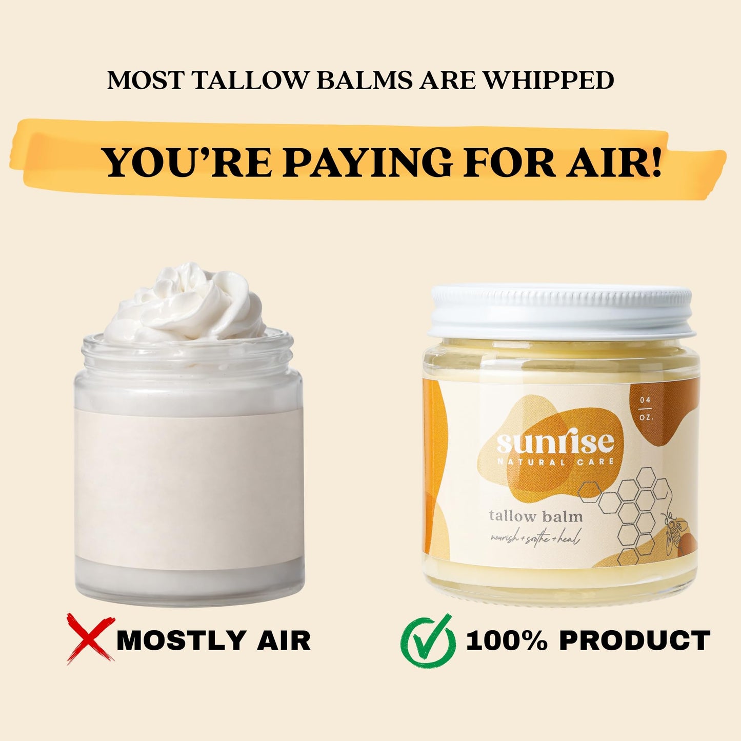 Sunrise Natural Care Unwhipped Honey and Tallow Balm - Body and Face Moisturizer - 100% Grass Fed Beef Tallow - 4 Ounces - Unscented (no essential oils)