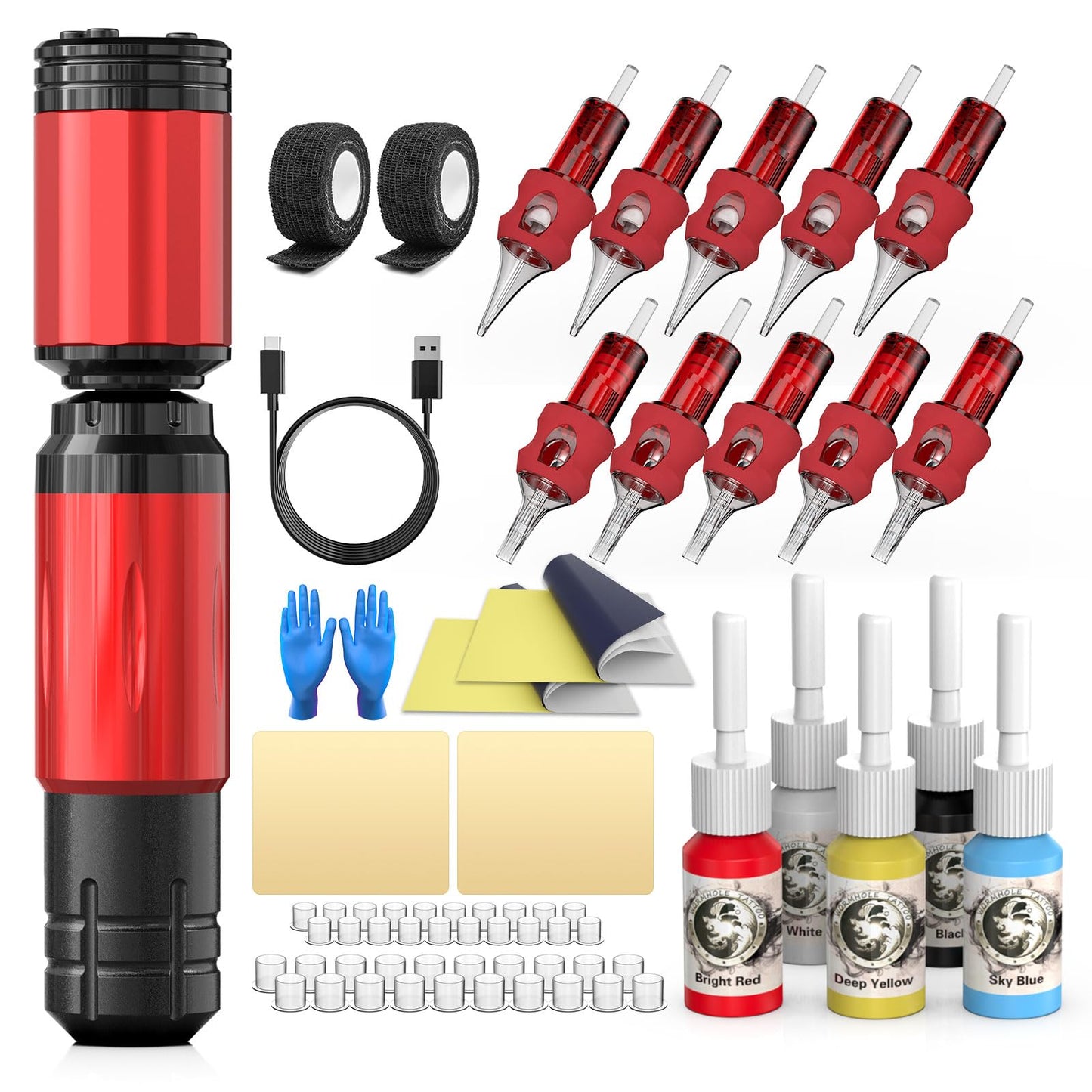 AIDEN Wireless Tattoo Machine Kit Tattoo Practice Pen with 1500mAh Tattoo Battery 20PCS Finger Ledge Tattoo Needles Rechargeable Cordless Complete Tattoo Kit LED Digital Display for Tattooist