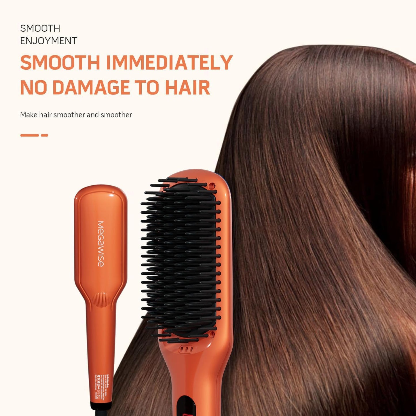 Hair Straightener Brush - Ceramic Ionic Heated Brush for Frizzy & Thick Hair | 20s Heat-Up, Anti-Scald, 360° Swivel Cord, Vibrant Orange