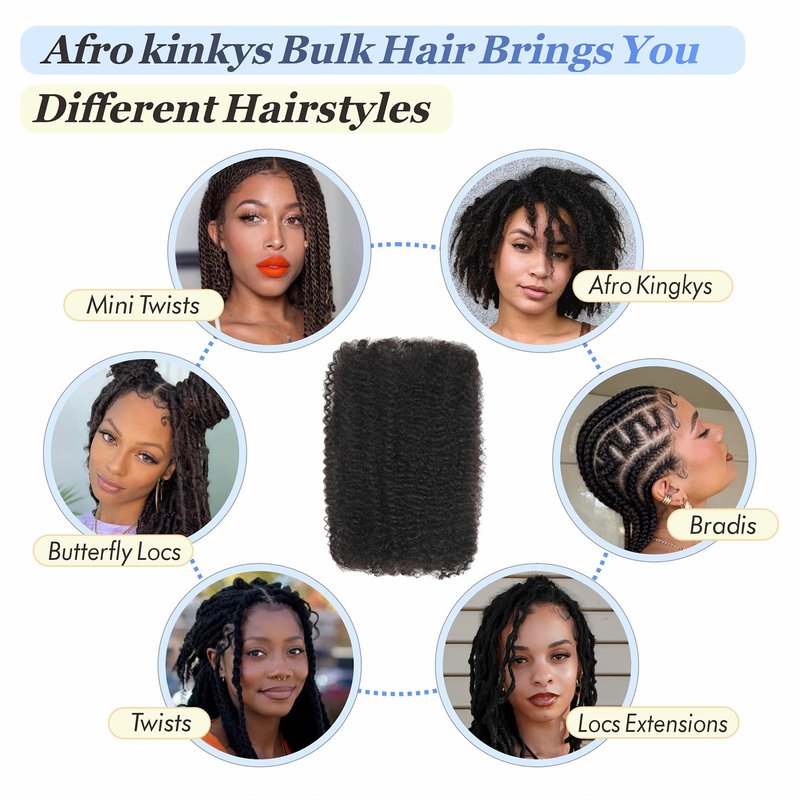afro kinkys bulk human hair 8-28 inch afro kinky bulk 100% human hair for dreadlock extensions repair loc making twists (1 B, 20 Inch)