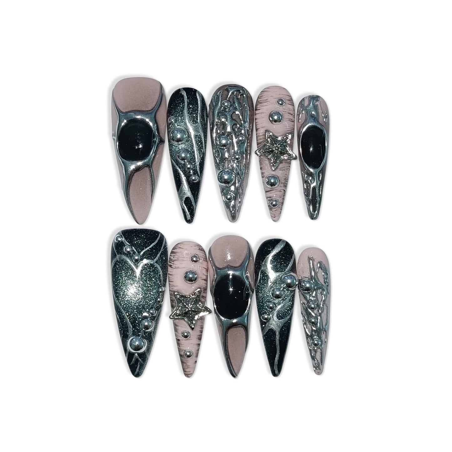 TENPAL Pink Black Press on Nails Long Stiletto,Metal Gothic Fake Nails with Punk Stars Beads,Cat Eye Glitter Edgy Y2K Ins False Nails with Tools,Sweet Grunge Irregular 3D Handmade Nails 10pcs(S)