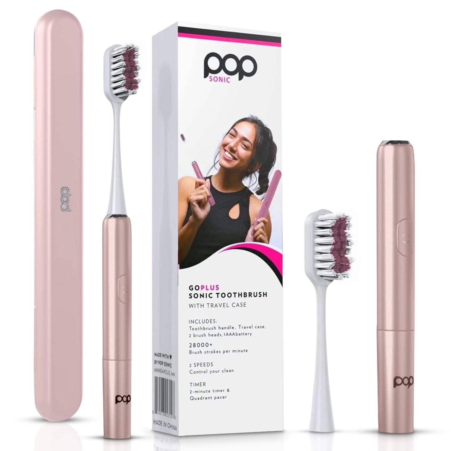 Pop Sonic Electric Toothbrush – Electric Toothbrush for Adults – Bathroom Essentials & Travel Essentials – Dupont Nylon Bristles –18000-24000 Strokes/Min w/AAA Battery – 2 Speed – Go Plus (Rose Gold)