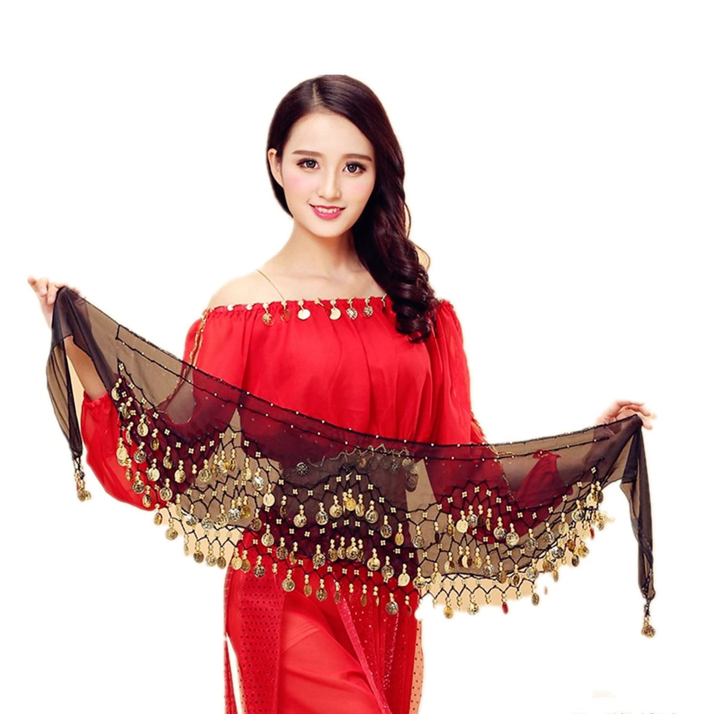 XHBTS Multi-Row Gold Coins Belly Dance Wrap & Hip Scarf, Simple Classical Style -Black 128 Gold Coins Dance Skirt and Face Tattoo Sticker Metallic Temporary Transfer Tattoo