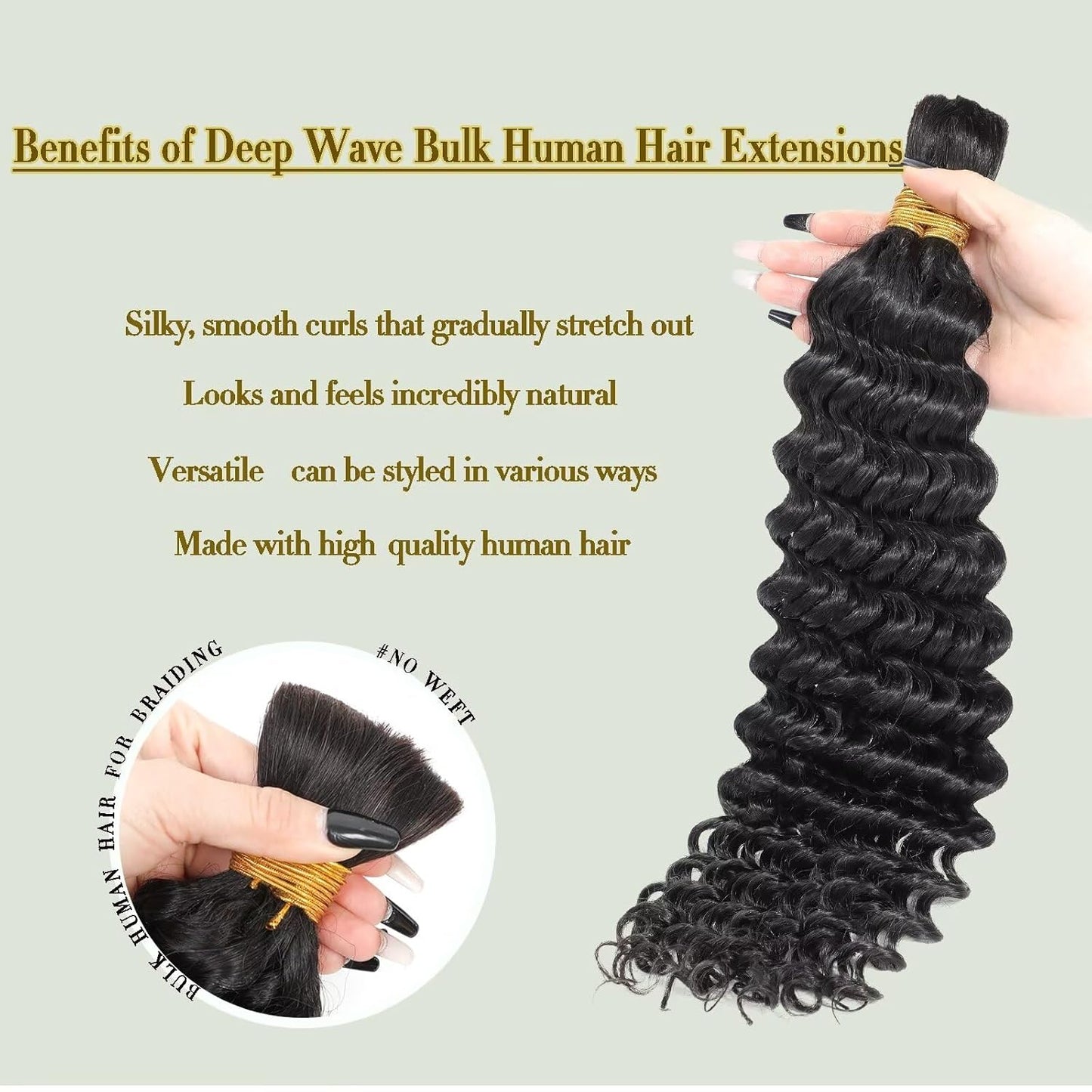 Human Braiding Hair - 100% Virgin Deep Wave Bulk Extensions | 22 Inch, Natural Black, 2 Bundles