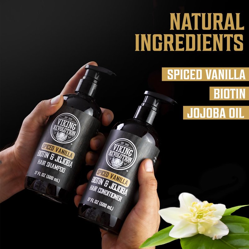 Viking Revolution Spiced Vanilla Men's Shampoo & Conditioner Set | Biotin & Jojoba Oil for Thinning Hair (17 Oz)