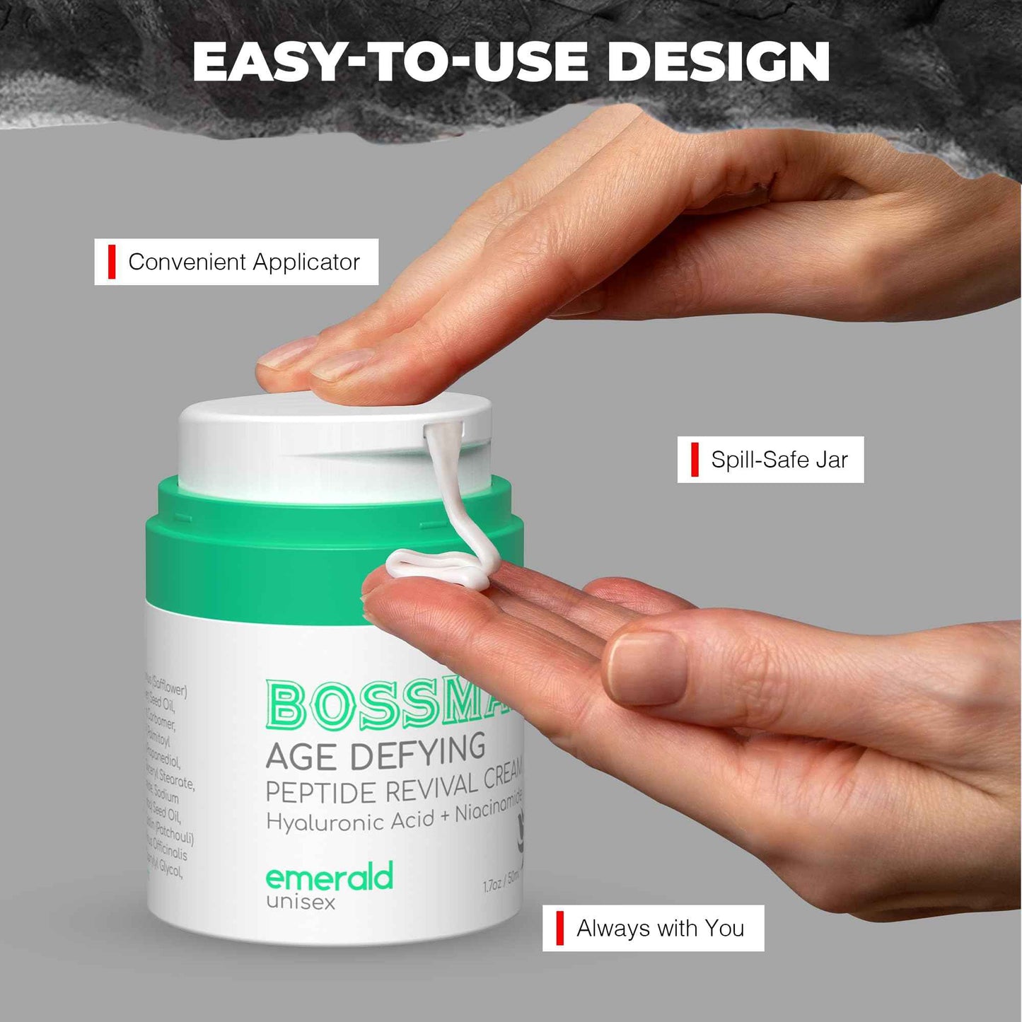 Bossman Peptide Revival Cream 1.7 oz - Emerald (Green Tea) Scent - Anti-Aging Face Moisturizer for Men & Women - Niacinamide & Hyaluronic Acid - Peptide Moisturizer for All Skin Types - Made in USA
