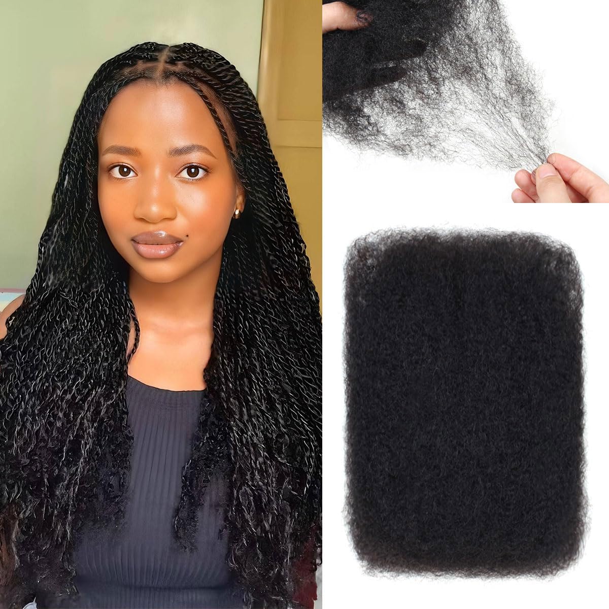Sangtok Afro Kinky-Curly Bulk Human Hair for Twists, 20 Inch 50g Kinkys Bulk Human Hair for Dreadlock Extensions Repair Locs Braiding, 100% 4C Human Bundles Hair(Black)